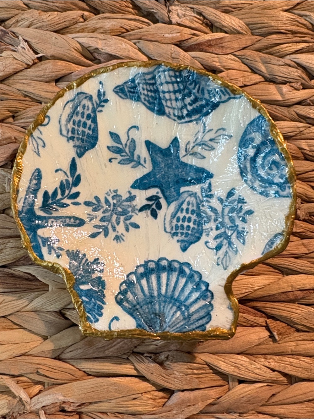 Hand Crafted White Shell Trinket Dish with Blue Coastal Motifs and Gold Rim